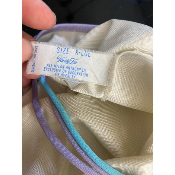 Vintage 60s Vanity Fair Ivory With Purple Blue Straps Long XL Nightie Embroidere - Picture 6 of 7